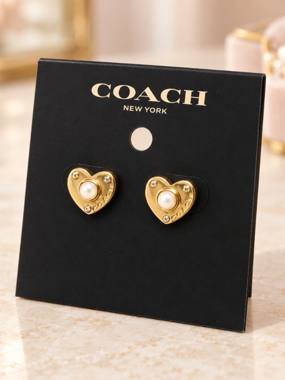 Coach Pearl Heart Stud Earrings Gold Tone Crystal Accents 1/2” NWT - Picture 3 of 3